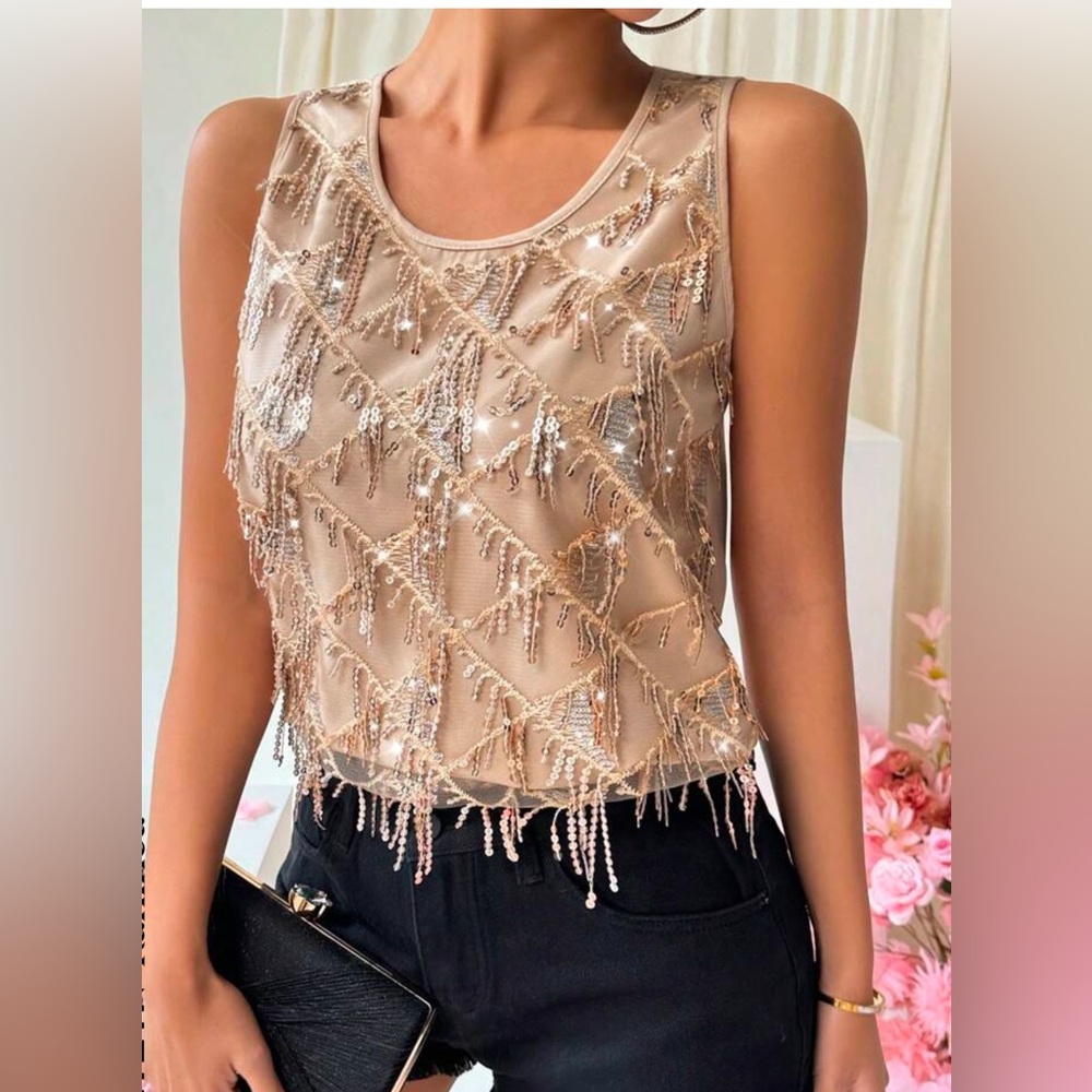 SHEIN- sequin & Pearl sleeveless / tank formal blouse / top - champagne - size L